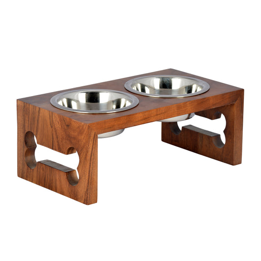 Walnut coloured double diner elevated wood pet feedewith bone cutouts